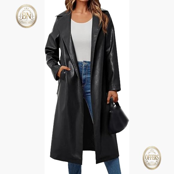 Faux Leather Trench Coat with Notched Lapel and Waist Belt